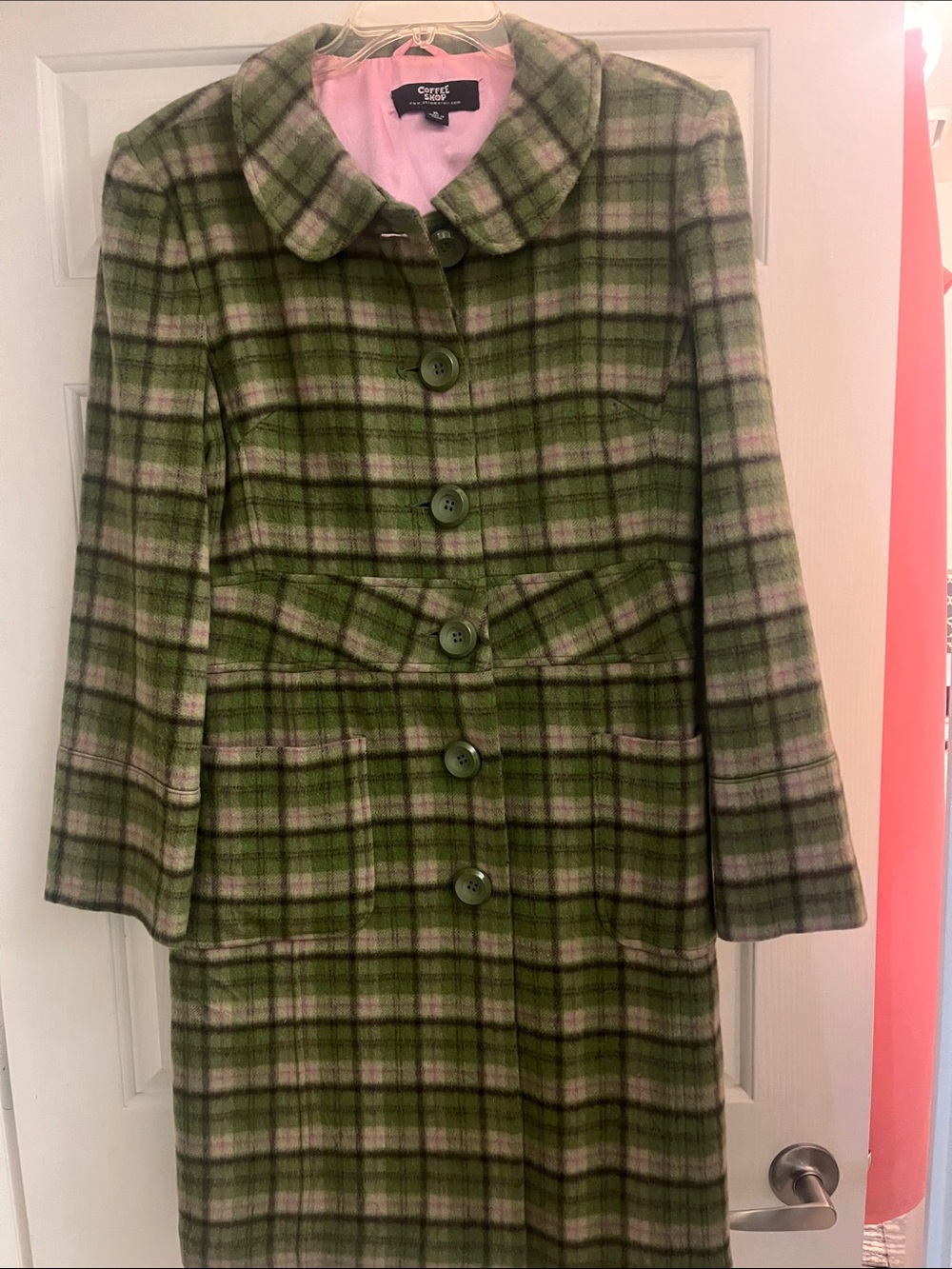 Vintage Green Plaid Wool-Blend Pea Coat with Pink Accents
